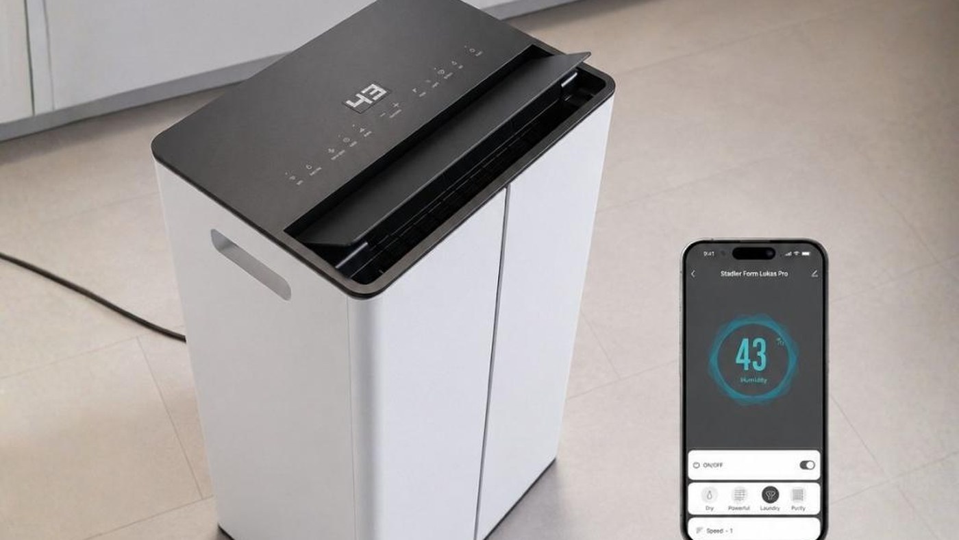 White Stadler Form Lukas Pro dehumidifier beside a phone showing the app humidity readout at 43 per cent