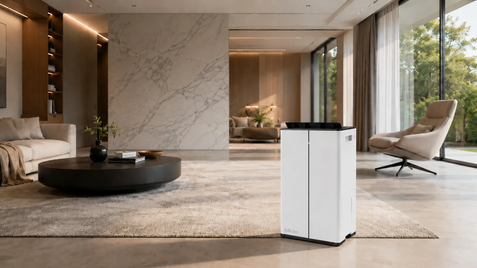 Stadler Form Lukas Pro dehumidifier and air purifier standing in a large villa living room with marble floor and garden doors