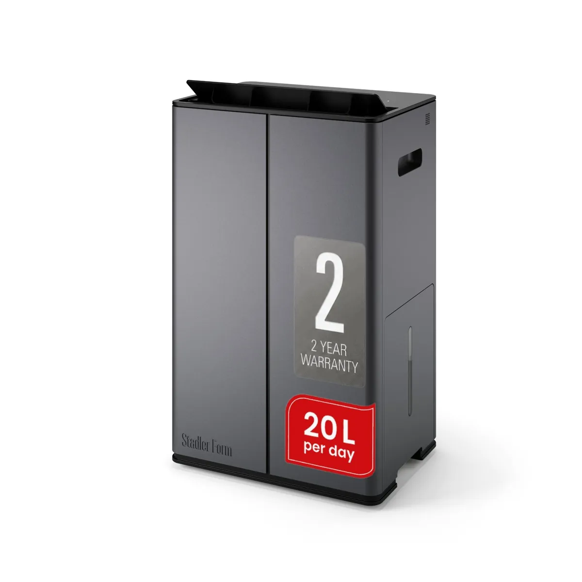 Stadler Form Lukas Titanium dehumidifier in titanium grey with a black top, with 2-year warranty and 20 L per day badges