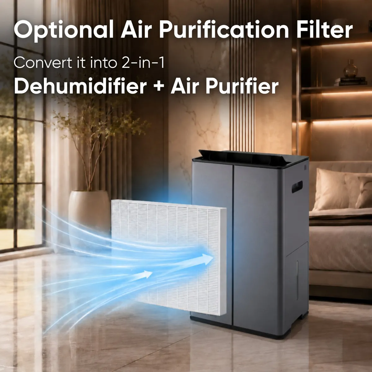 HEPA filter panel shown beside a titanium grey Stadler Form Lukas Titanium dehumidifier