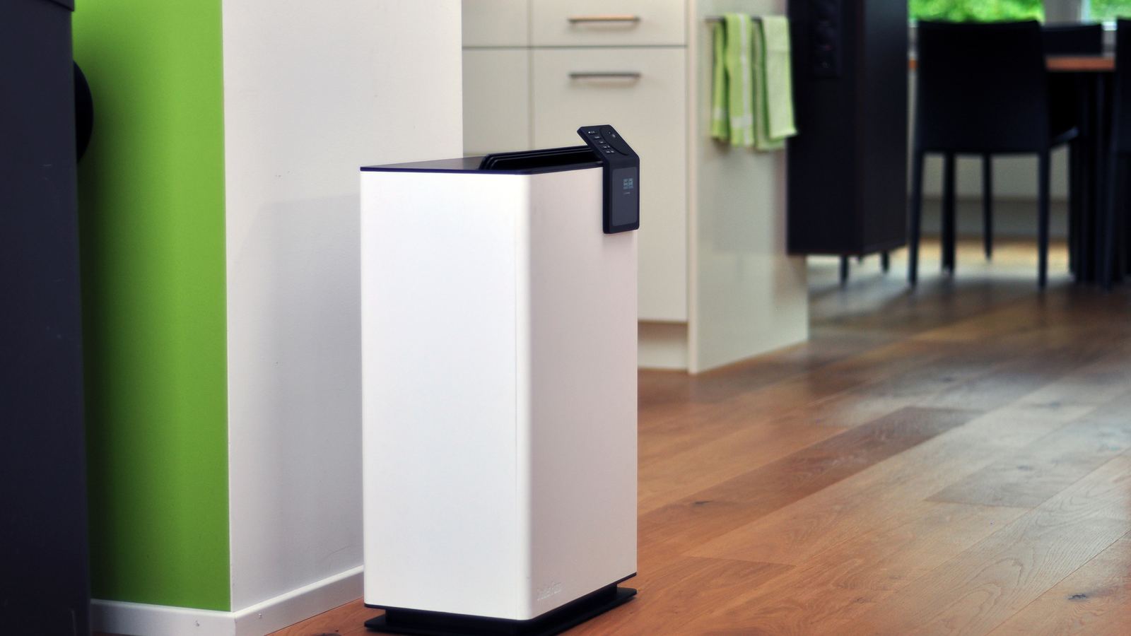 Stadler Form Albert dehumidifier in a modern kitchen with a green accent wall