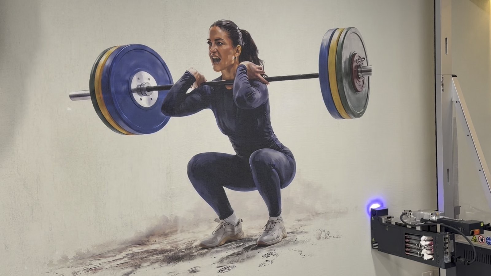 A wallPen E2 printing a weightlifter mural on a gym wall in Abu Dhabi