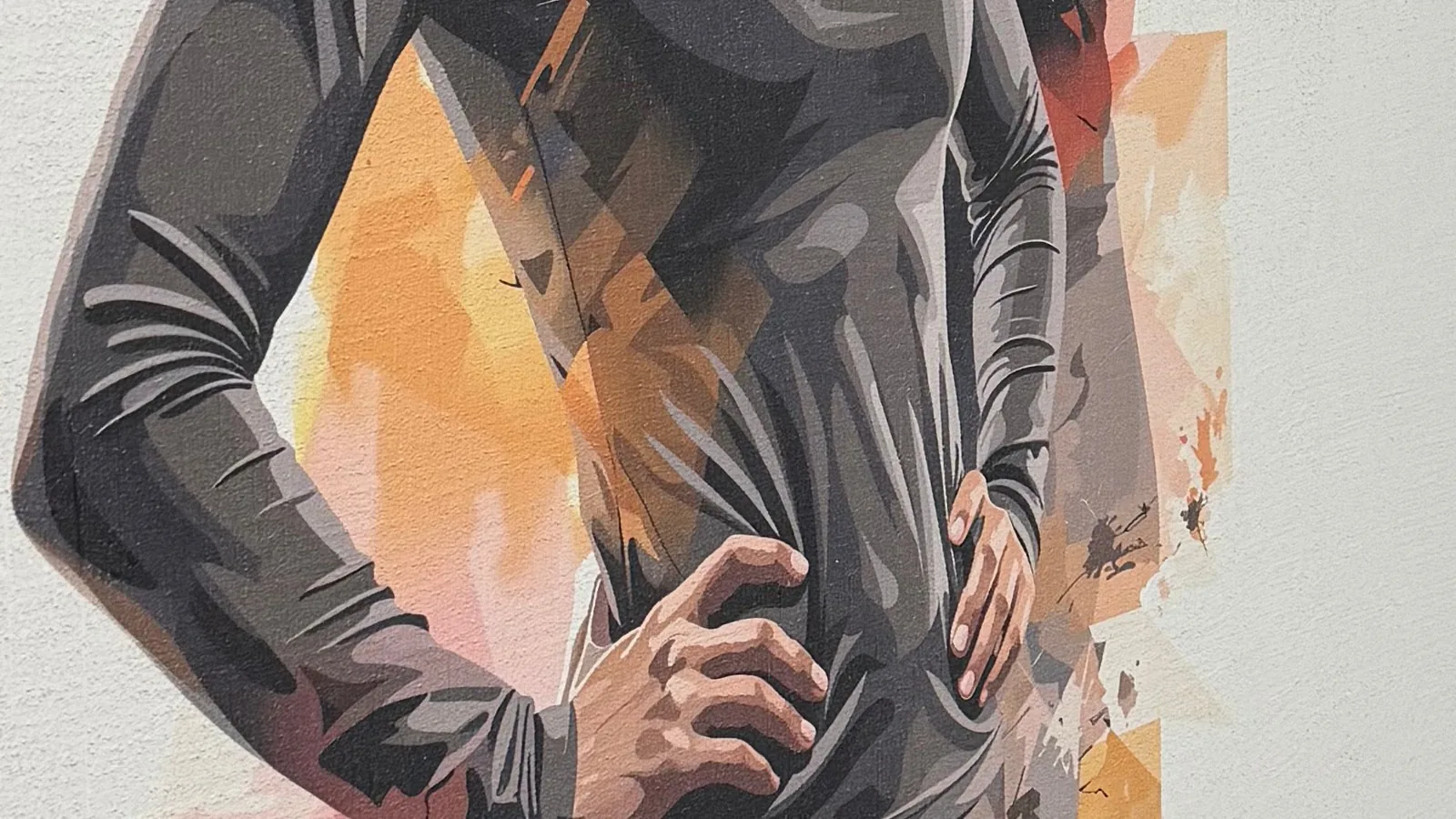 Close-up of a printed mural showing the wall's fine plaster texture through the ink around two printed hands