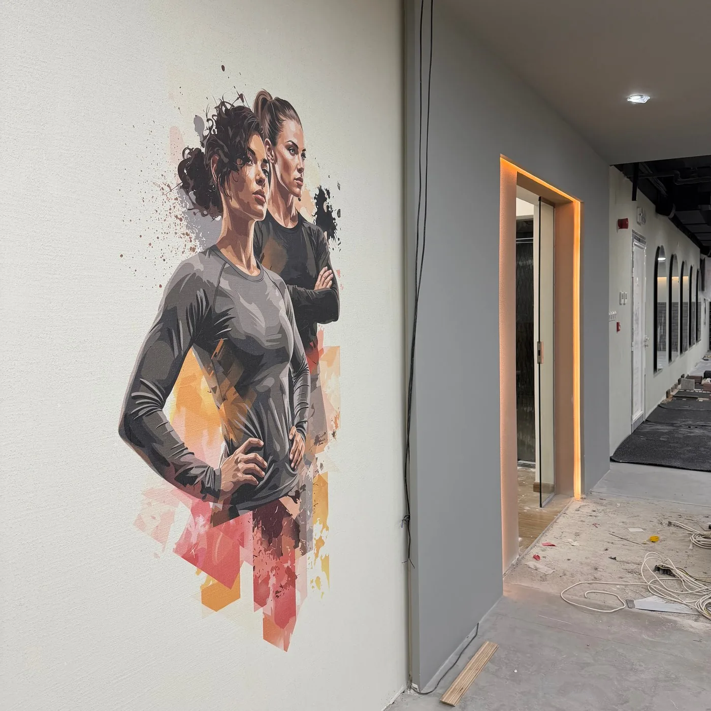 Two women in athletic wear printed directly onto a corridor wall at a gym in Abu Dhabi while the fit-out was still under way