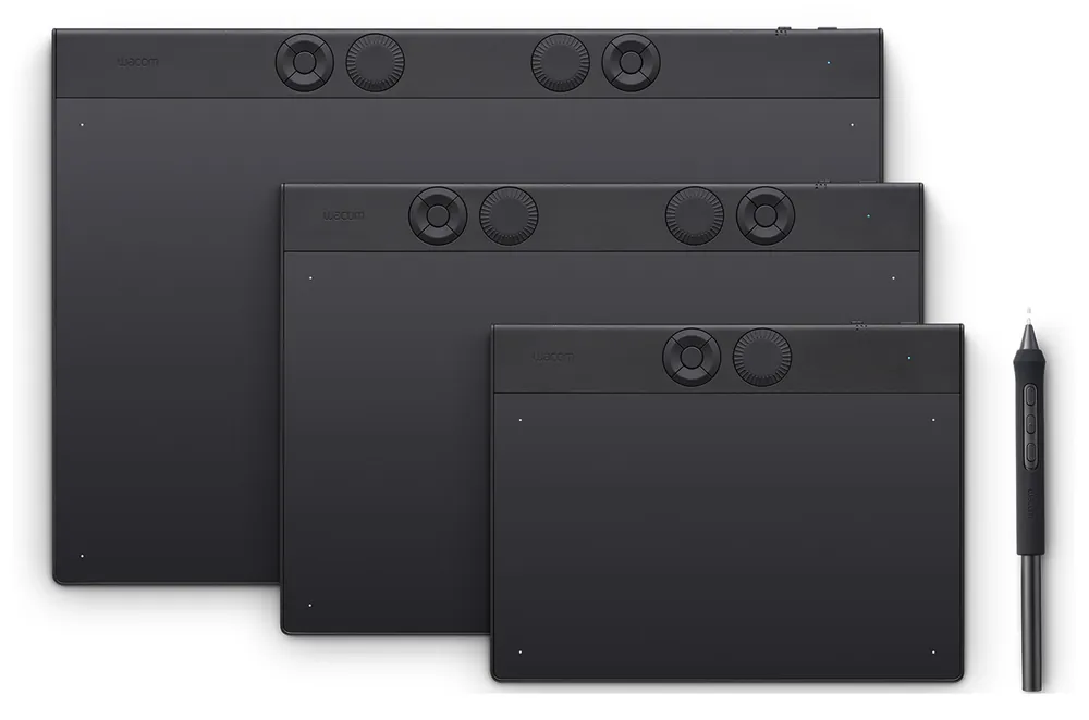 Wacom Intuos Pro (2025) pen tablets in small, medium and large sizes with the Wacom Pro Pen 3