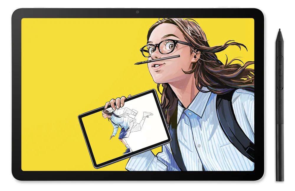 The Wacom MovinkPad 11 Android drawing tablet showing an illustration, with its slim Pro Pen 3