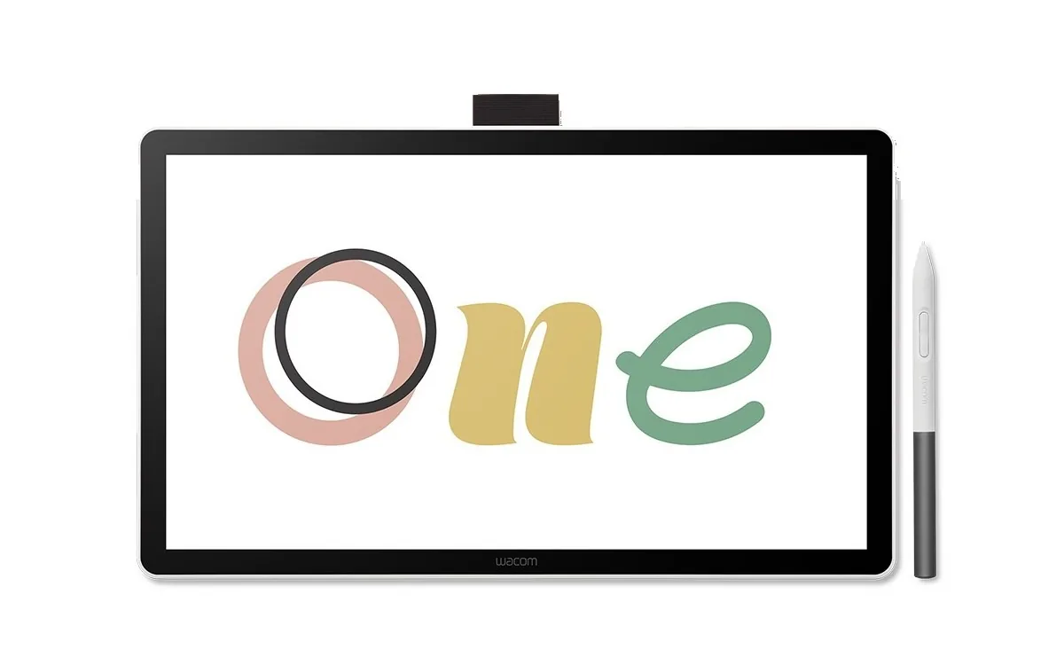 The Wacom One 14 pen display in white with the Wacom One Standard Pen beside it
