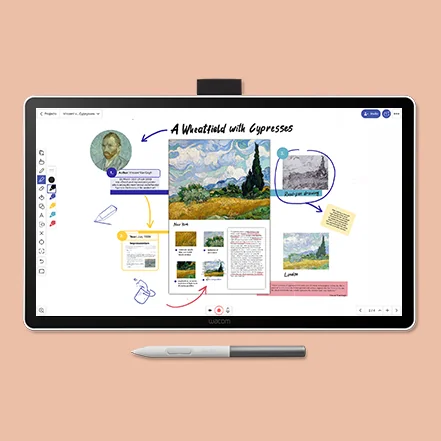A Wacom One 14 showing an art lesson on Van Gogh’s A Wheatfield with Cypresses, annotated by hand with the Wacom One pen