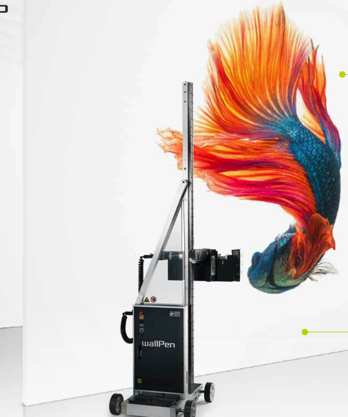 wallPen E2 wall printer on its floor rail printing a colourful betta fish onto a white wall