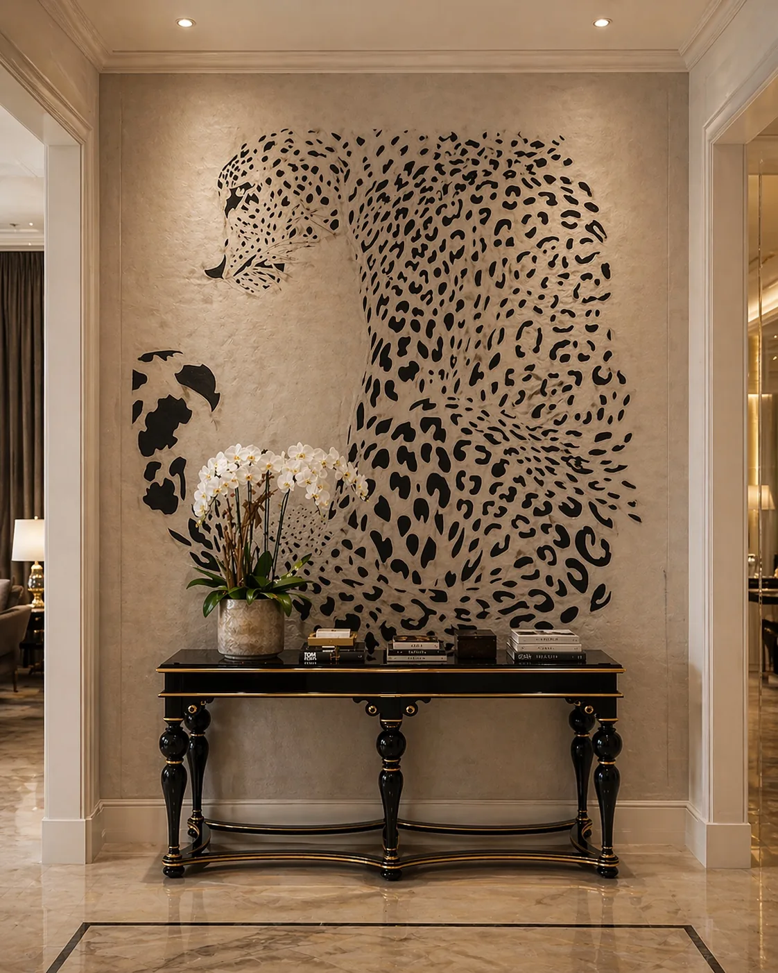 Leopard-pattern feature wall printed behind a console table with flowers in an entrance hall