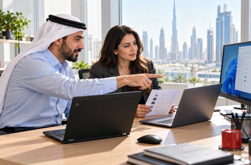 زميلان في مكتب بدبي يخططان للترقية إلى Windows 11: أحدهما يشير إلى حاسوب محمول والآخر يحمل قائمة أجهزة مطبوعة، وعلى الشاشة واجهة Windows 11 وخلفهما أفق برج خليفة