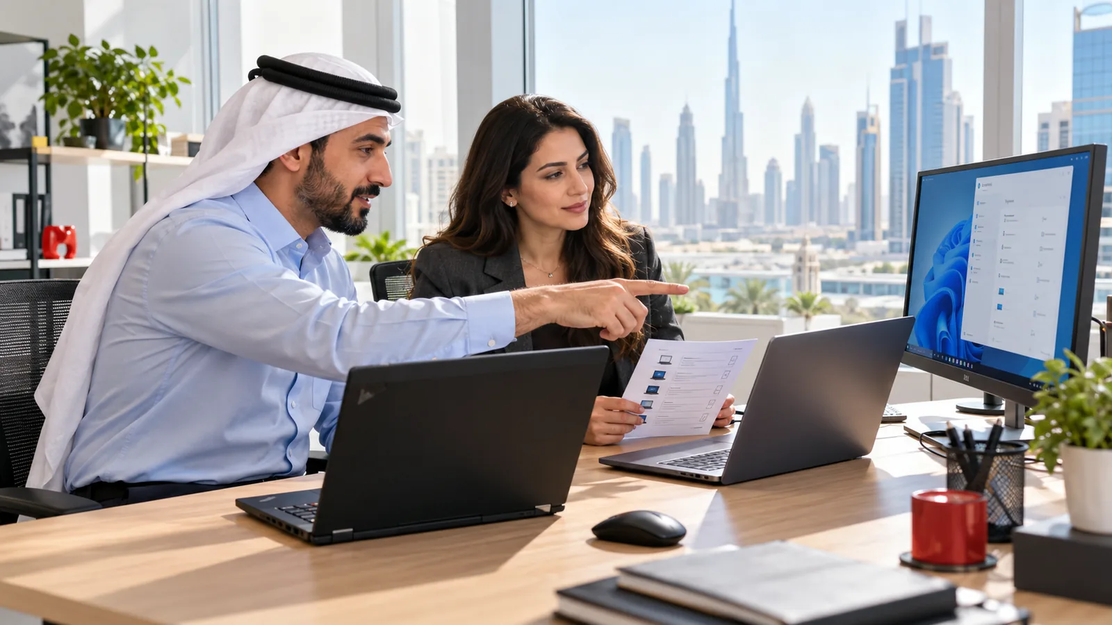 زميلان في مكتب في دبي يخططان للترقية إلى Windows 11: أحدهما يشير إلى حاسوب محمول والآخر يحمل قائمة مطبوعة بالأجهزة، وعلى الشاشة واجهة Windows 11، وخلفهما أفق برج خليفة