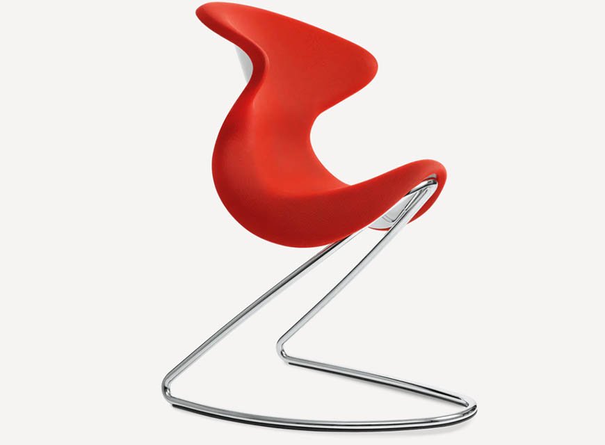 Red Aeris Oyo rocking chair with curved saddle seat and chrome frame