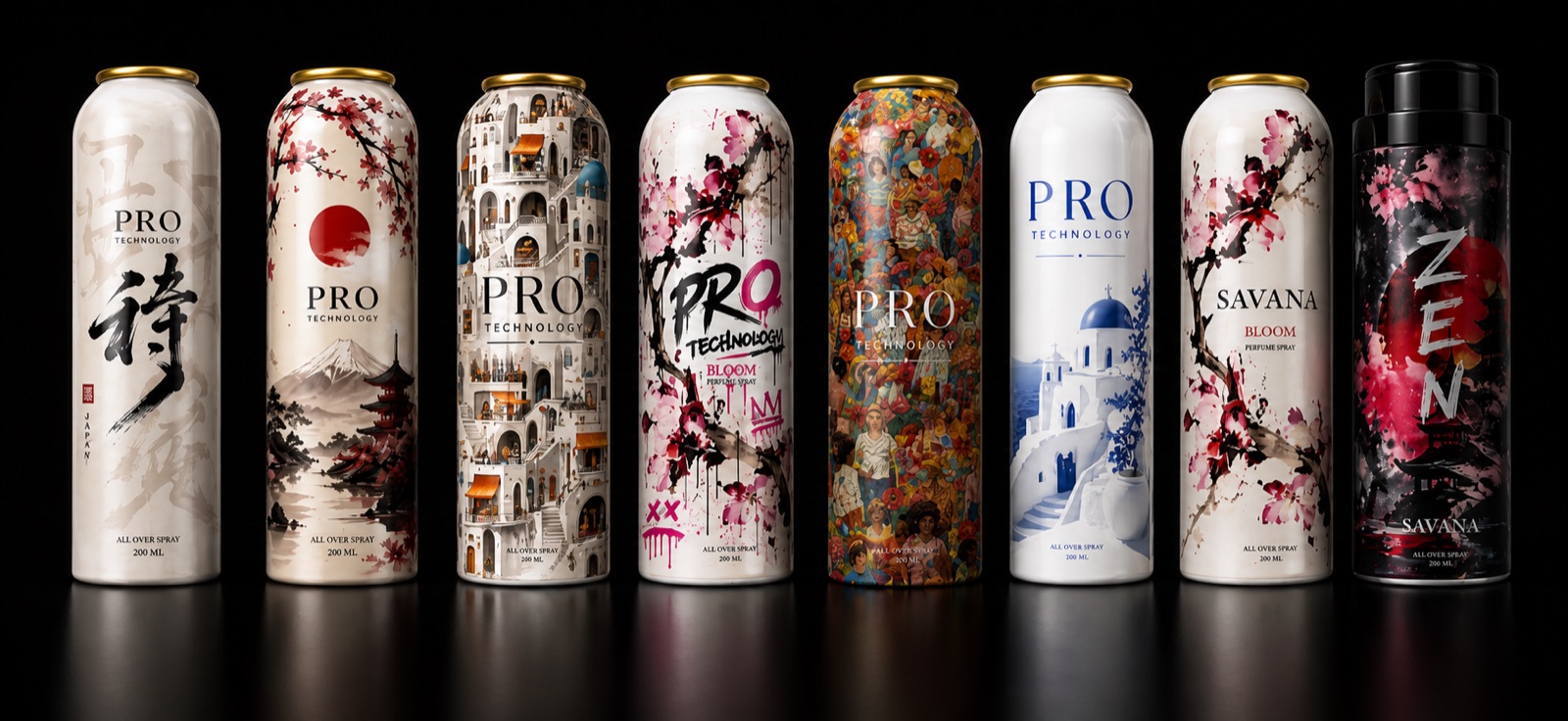 Line up of eight aluminium body spray cans, each printed with a different full wrap design on a cylindrical UV printer