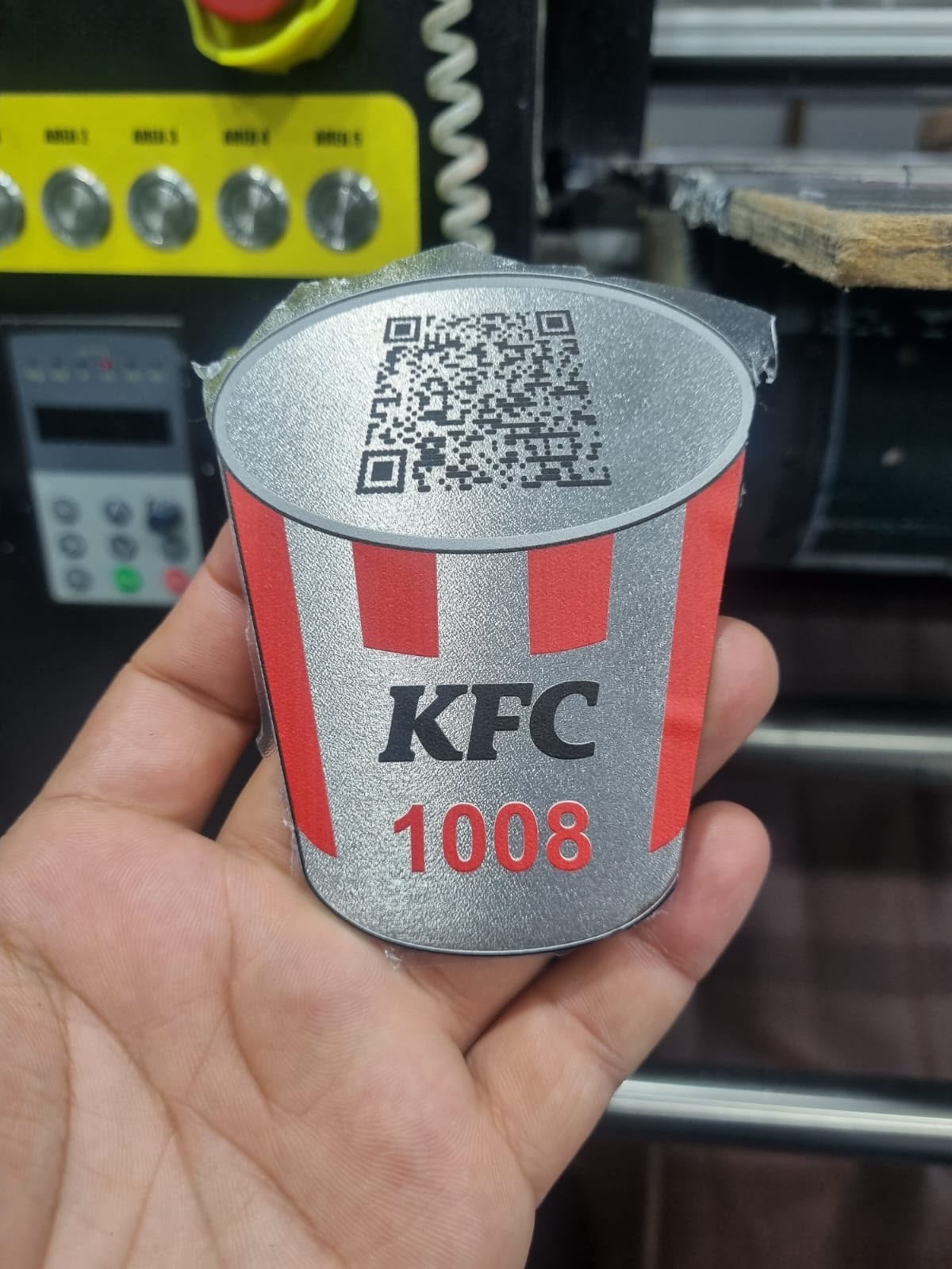 UV printed brushed aluminium tag with QR code, printed on a UV flatbed printer