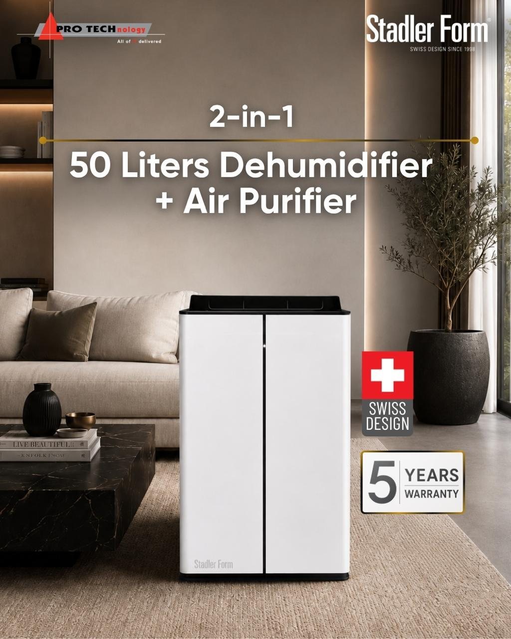 Stadler Form Lukas Pro 2-in-1 50 litre dehumidifier and air purifier, supplied in the UAE by PRO TECHnology